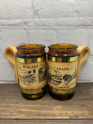 Vintage Large Beer Mug Amber Glass Salt & Pepper Shakers, Souvenir, NJ,PA, Canada