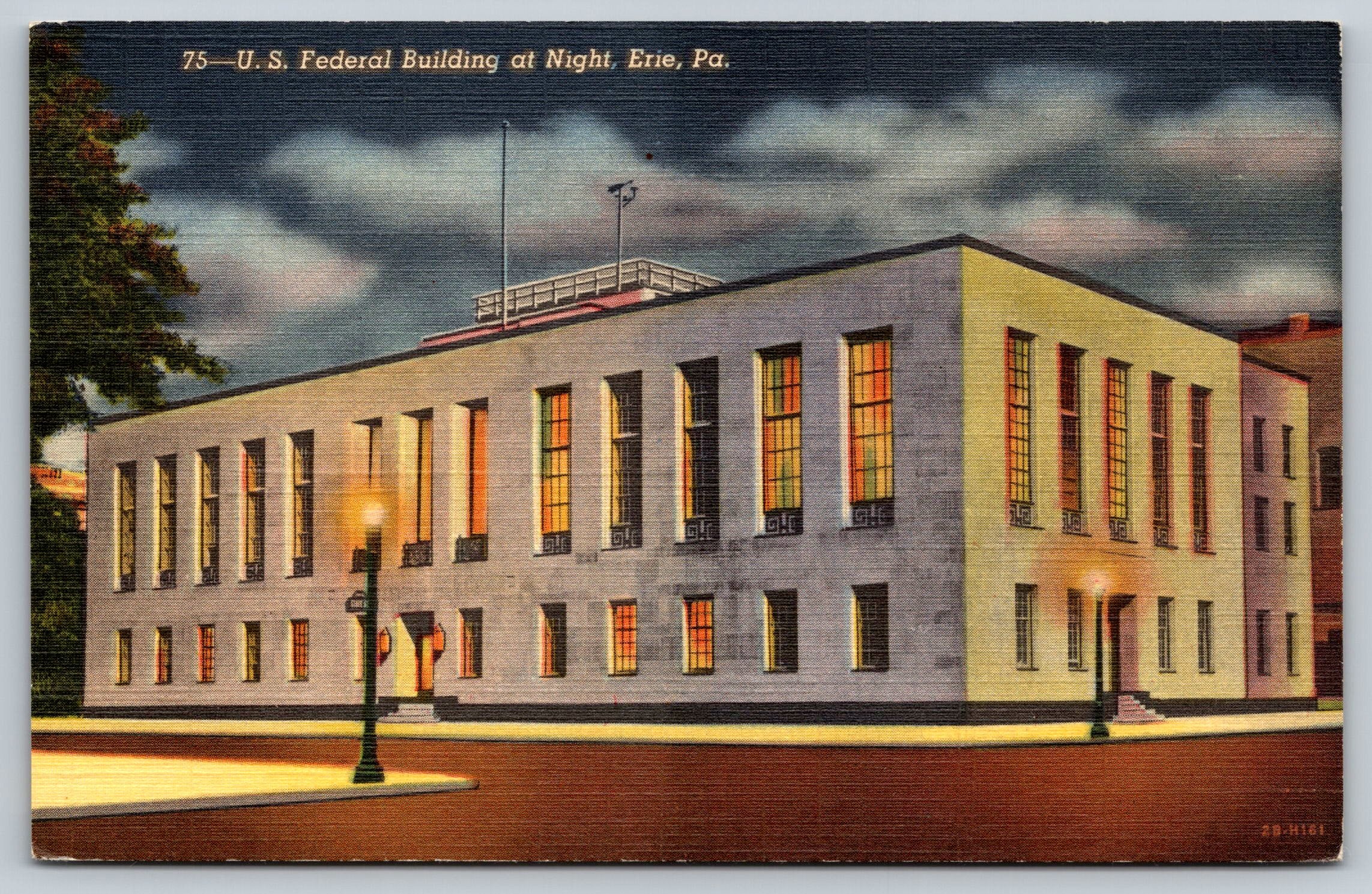 US Federal Building Night View, Erie, Pennsylvania, Vintage Post Card