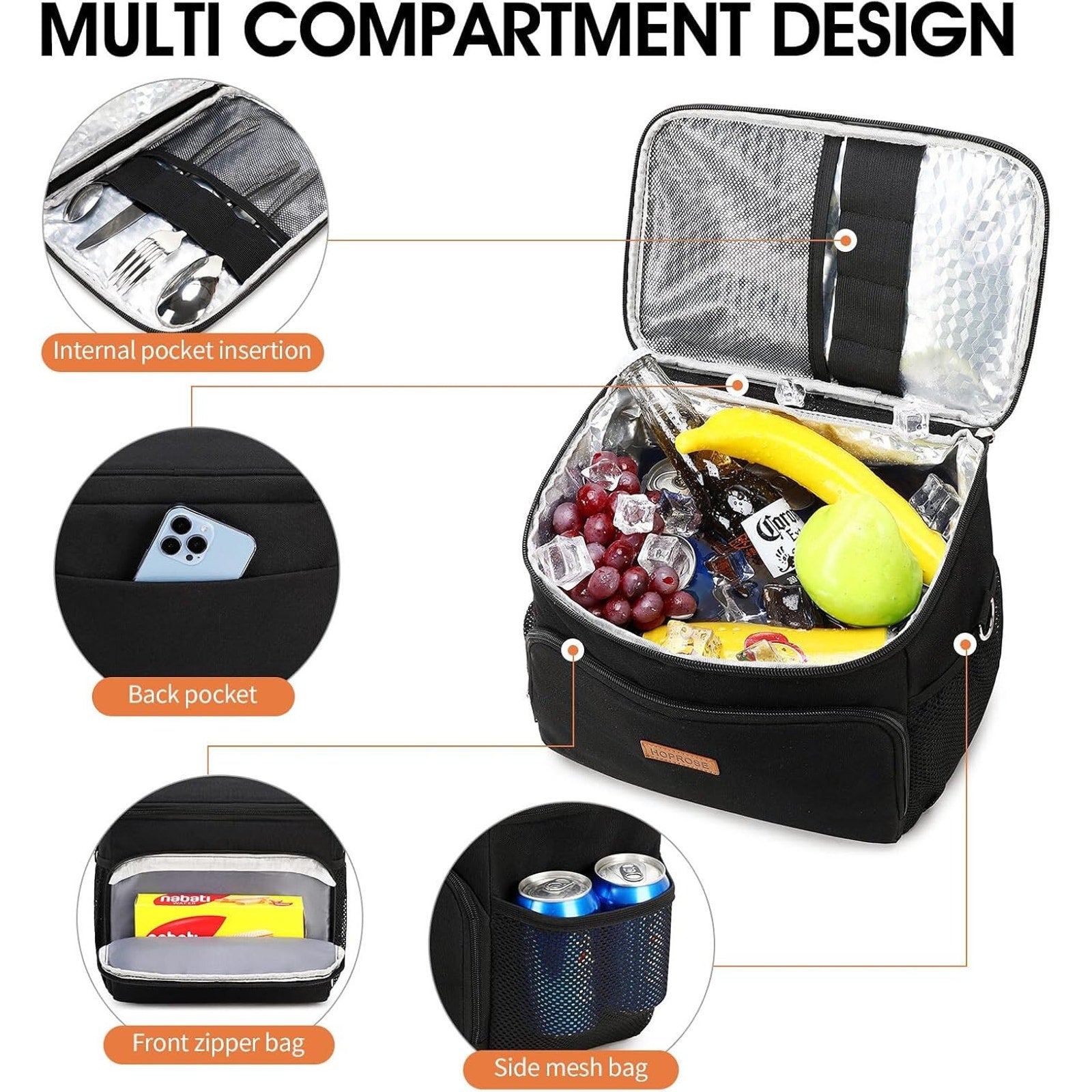 Lunch Bag Cooler Tote Reusable Insulated Leak-Proof, Thermal, Large Size, Black