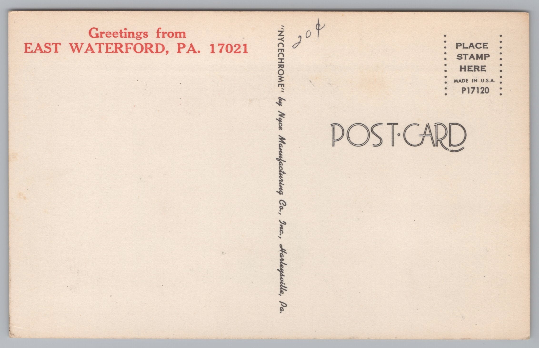 Greeting Card From East Waterford, Pennsylvania, USA, Vintage Post Card.