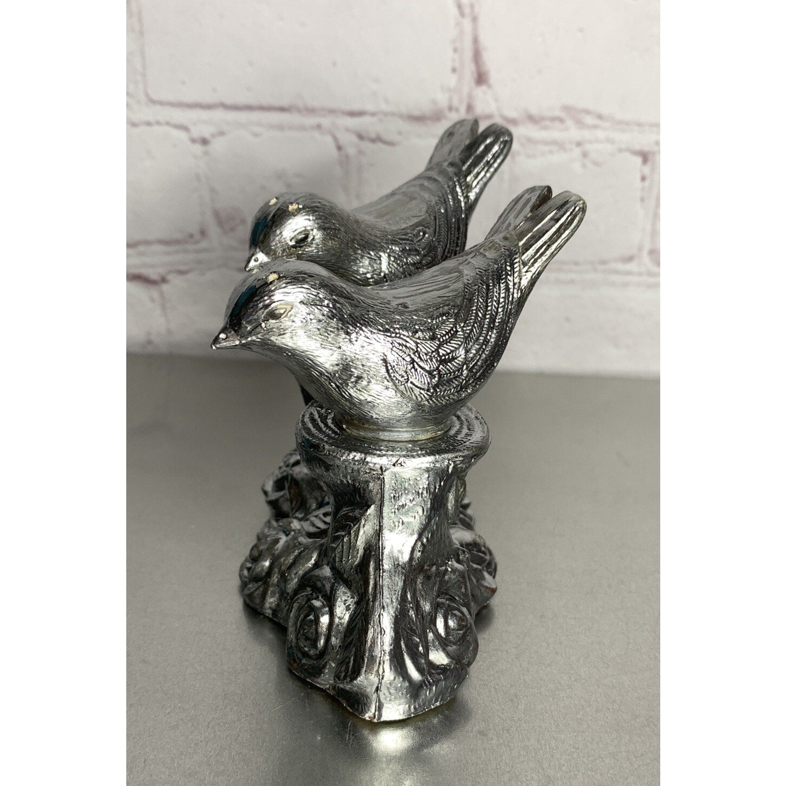 Vintage Silver Plastic Bird Salt & Pepper Shakers Tree Branch Caddy