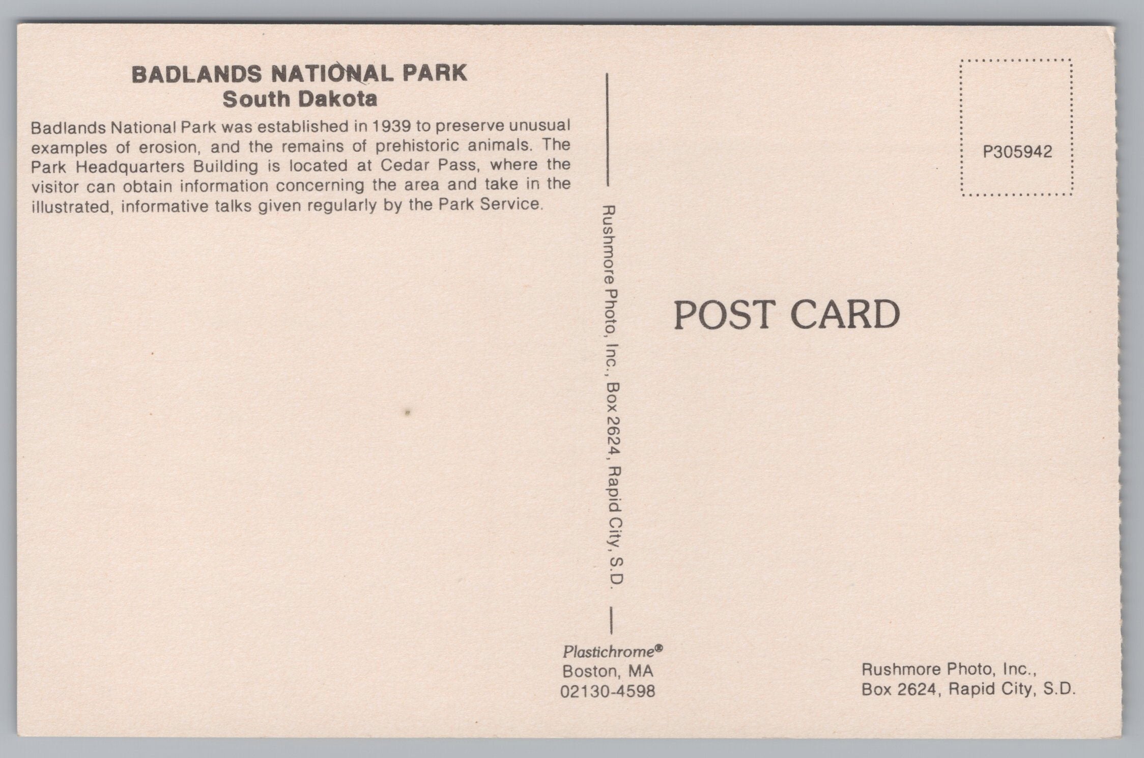 The Badlands National Park, South Dakota, USA, Vintage Post Card.