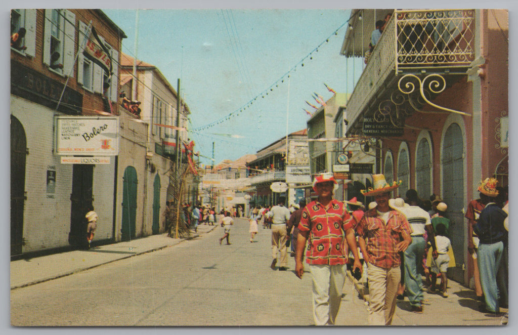 Typical Street Scene In St. Thomas, Virgin Islands, USA, Vintage Post Card.