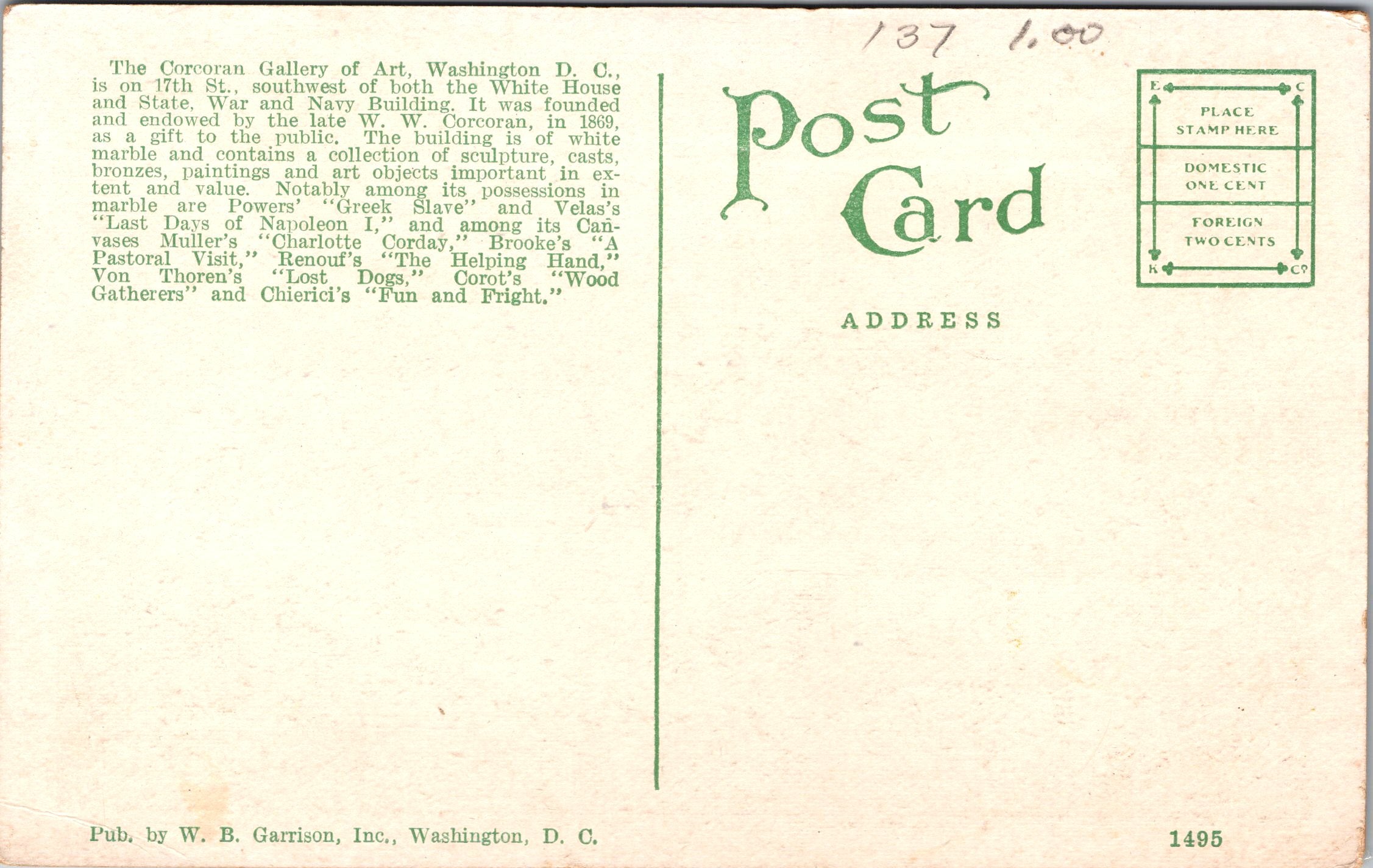 Corcoran Art Gallery, Washington DC, USA, Vintage Post Card