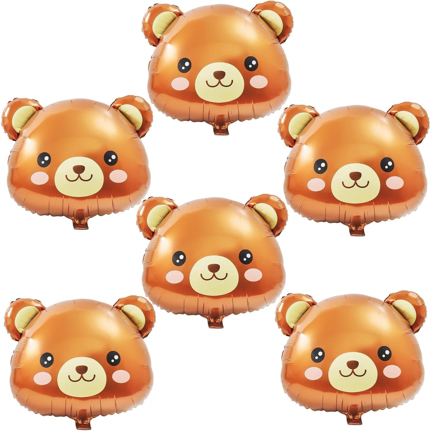 6-Pack 22-Inch Bear Head Aluminum Foil Balloons - Brown Bear Shaped Mylar Balloons