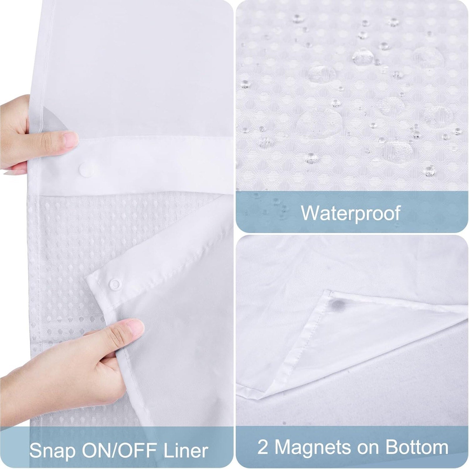 No Hook Waffle Weave Shower Curtain w/Snap in Liner 71" x 74" Hotel Grade White