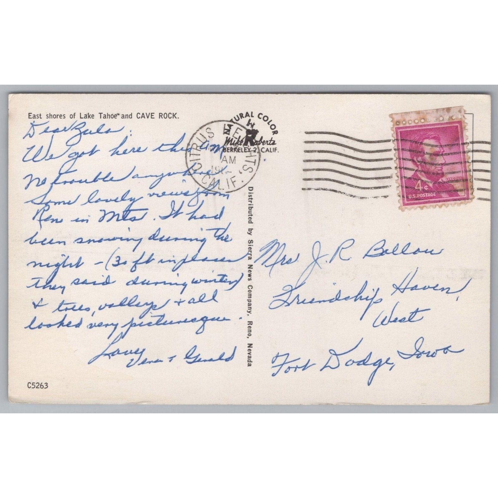 East Shores Of Lake Tahoe And Cave Rock, Vintage Post Card.