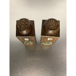 Vintage MCM Wood Salt & Pepper Shakers w/Stained Glass Style Emblem