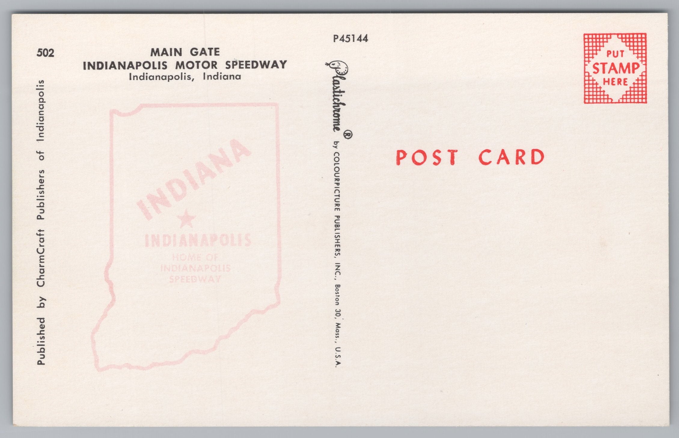 Indianapolis Motor Raceway, Main Gate, Indiana, Vintage Post Card.