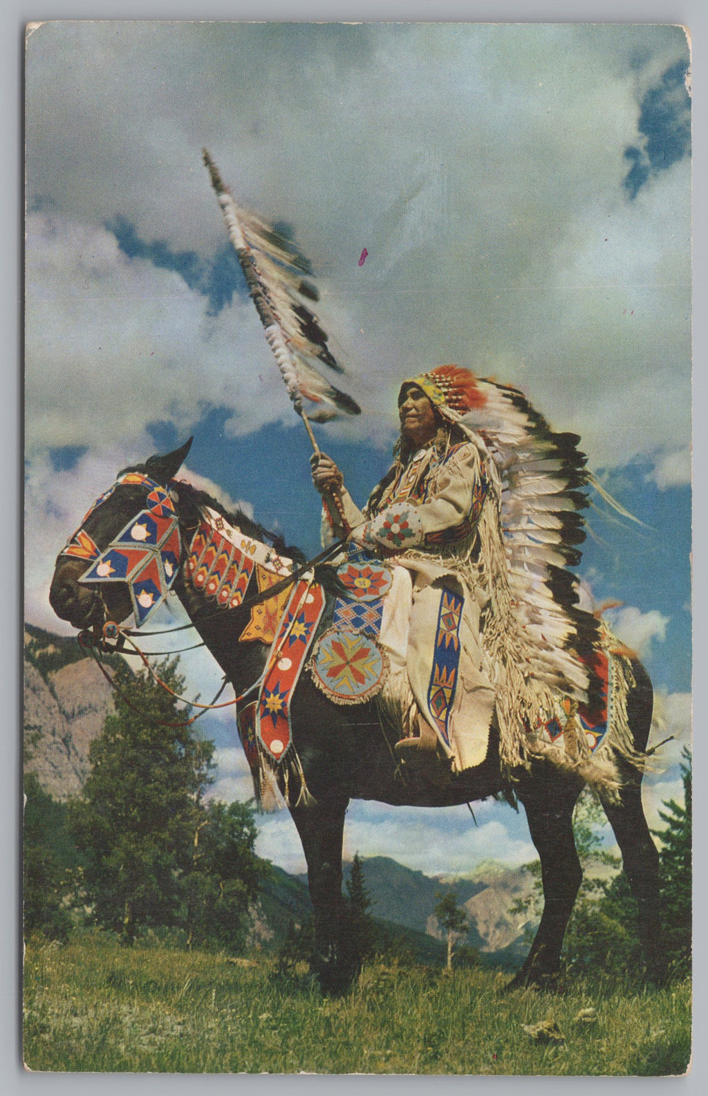 Indian Chief, Horse Mounted, Oklahoma, USA, Vintage Post Card.