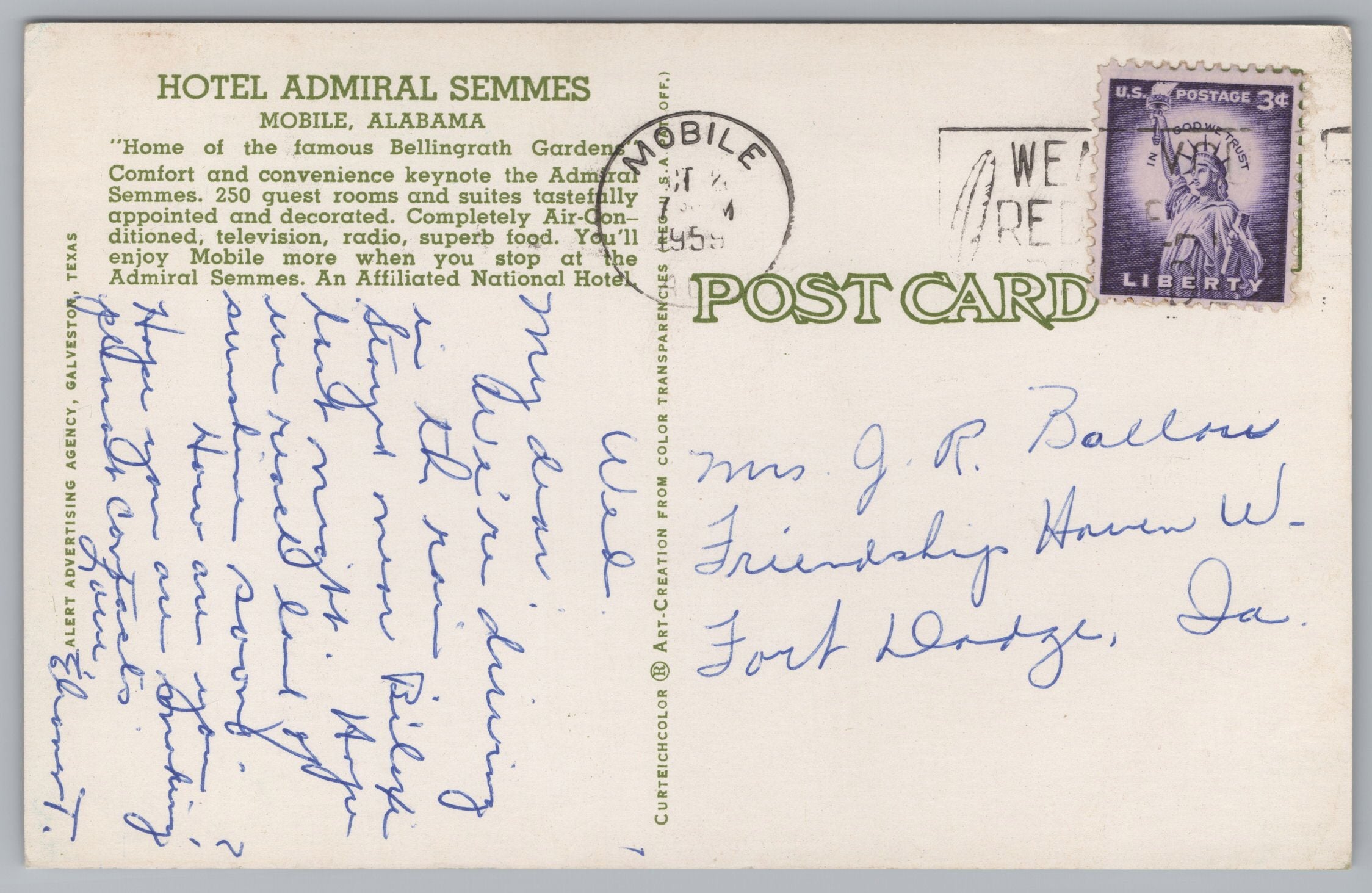 Hotel Admiral Simmes, Mobile, Alabama, Vintage Post Card.