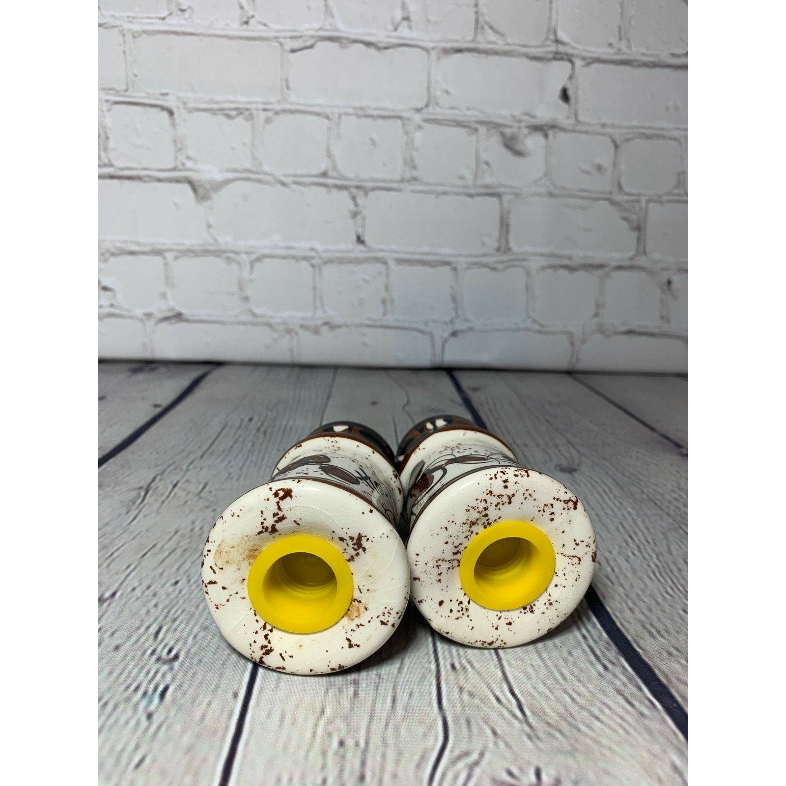 Vintage MCM Brown on White Pattern Ceramic Glazed Salt & Pepper Shakers