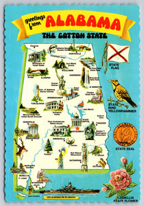 Map Of Alabama, USA, Vintage Post Card