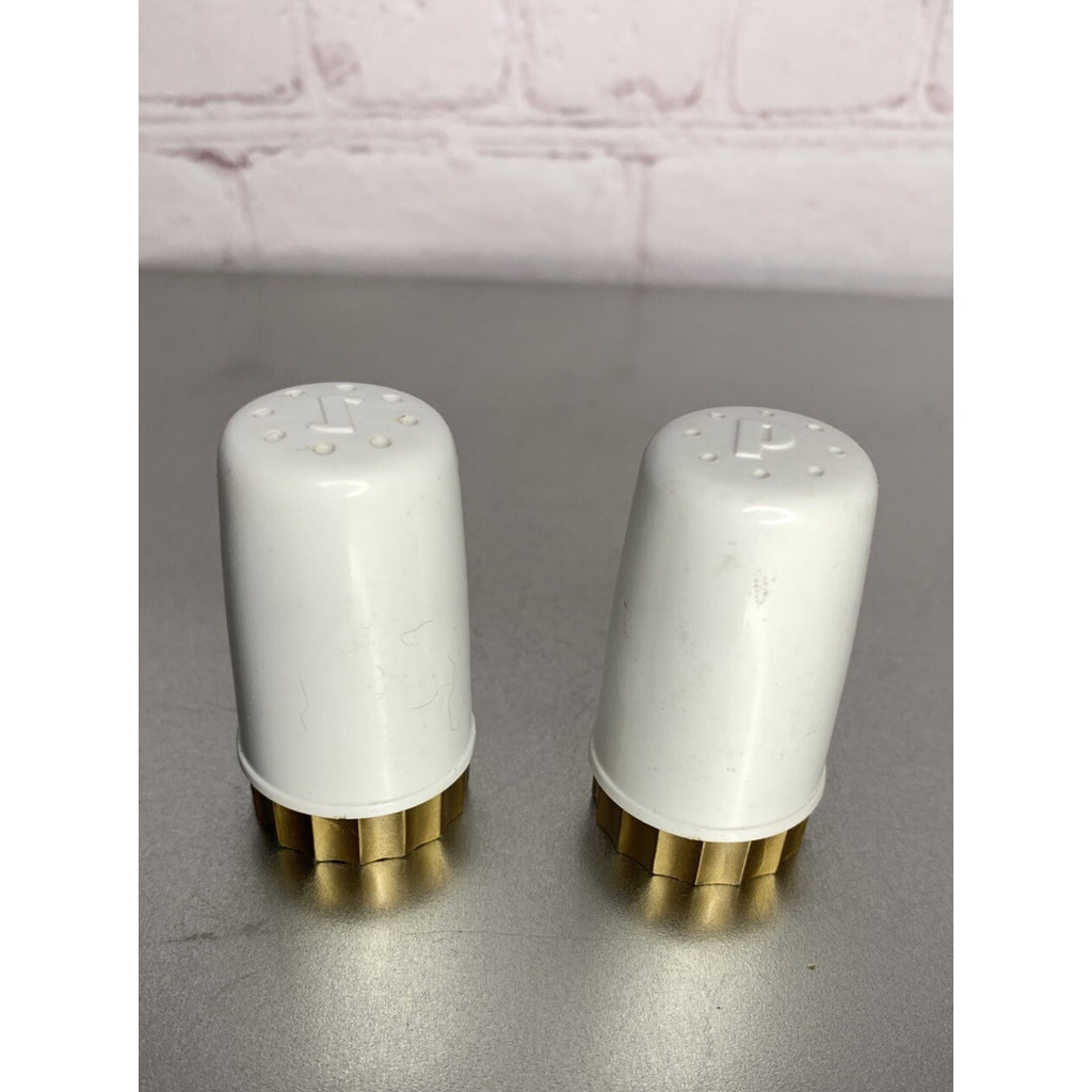 Vintage Retro Column Pillar Salt & Pepper Shakers White Gold Plastic