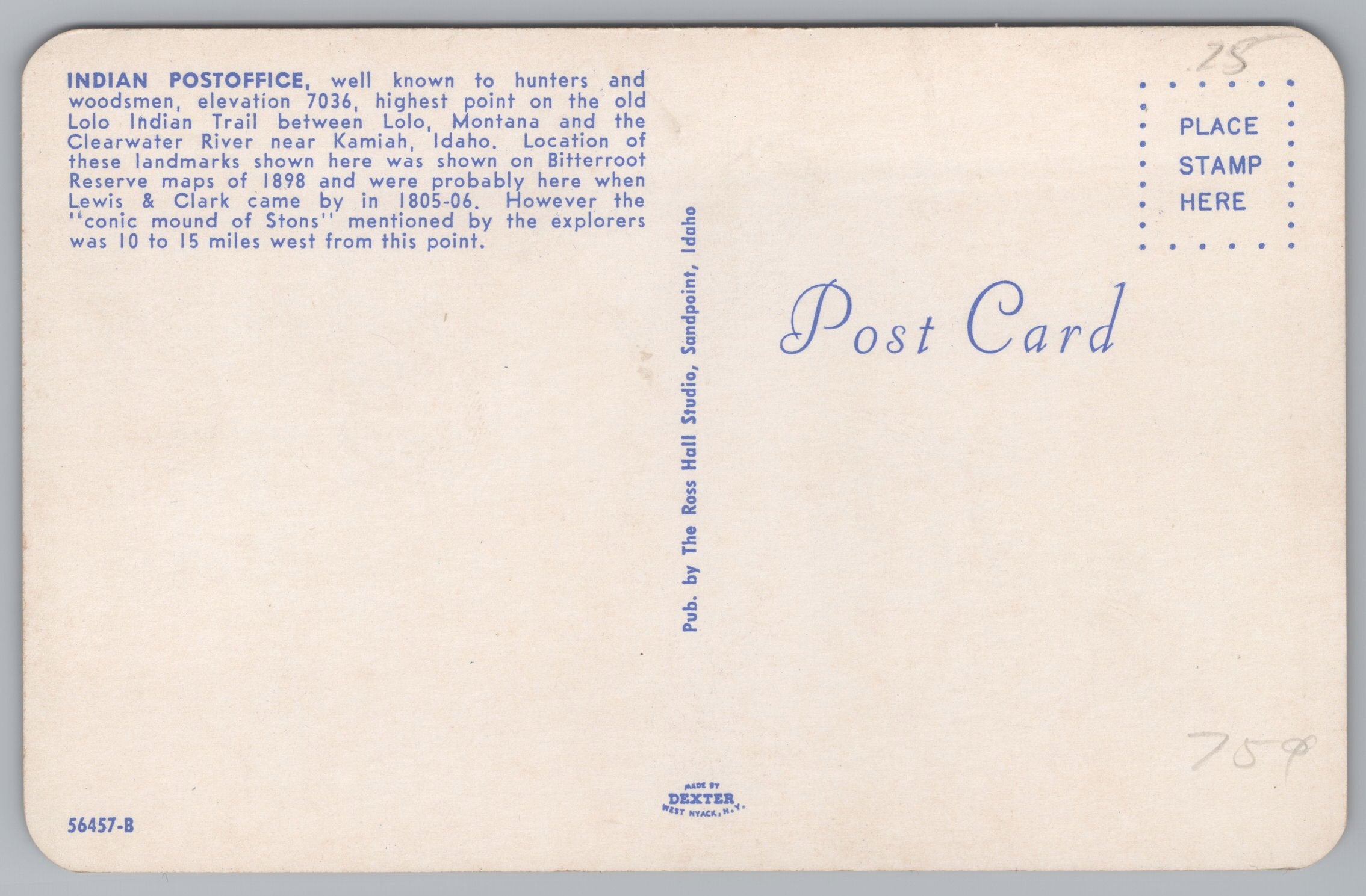 Indian Post Office, Lolo Indian Trail, Idaho, Vintage Post Card.