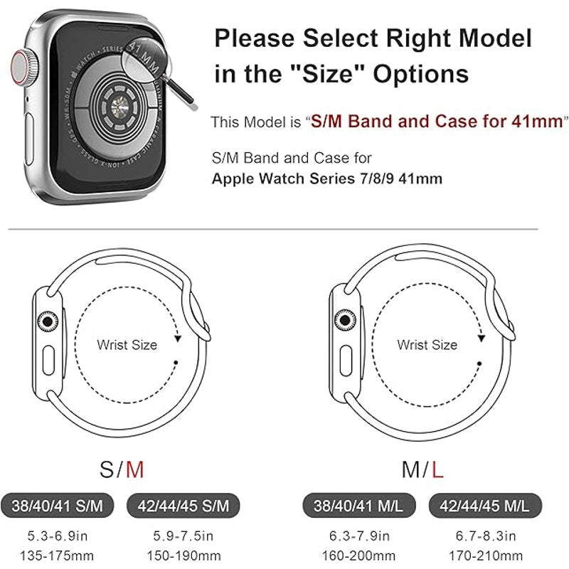 Sport Silicone Band and Case with Screen Protector for Apple Watch Series 9, 8, 7, 6, SE, 5, 4