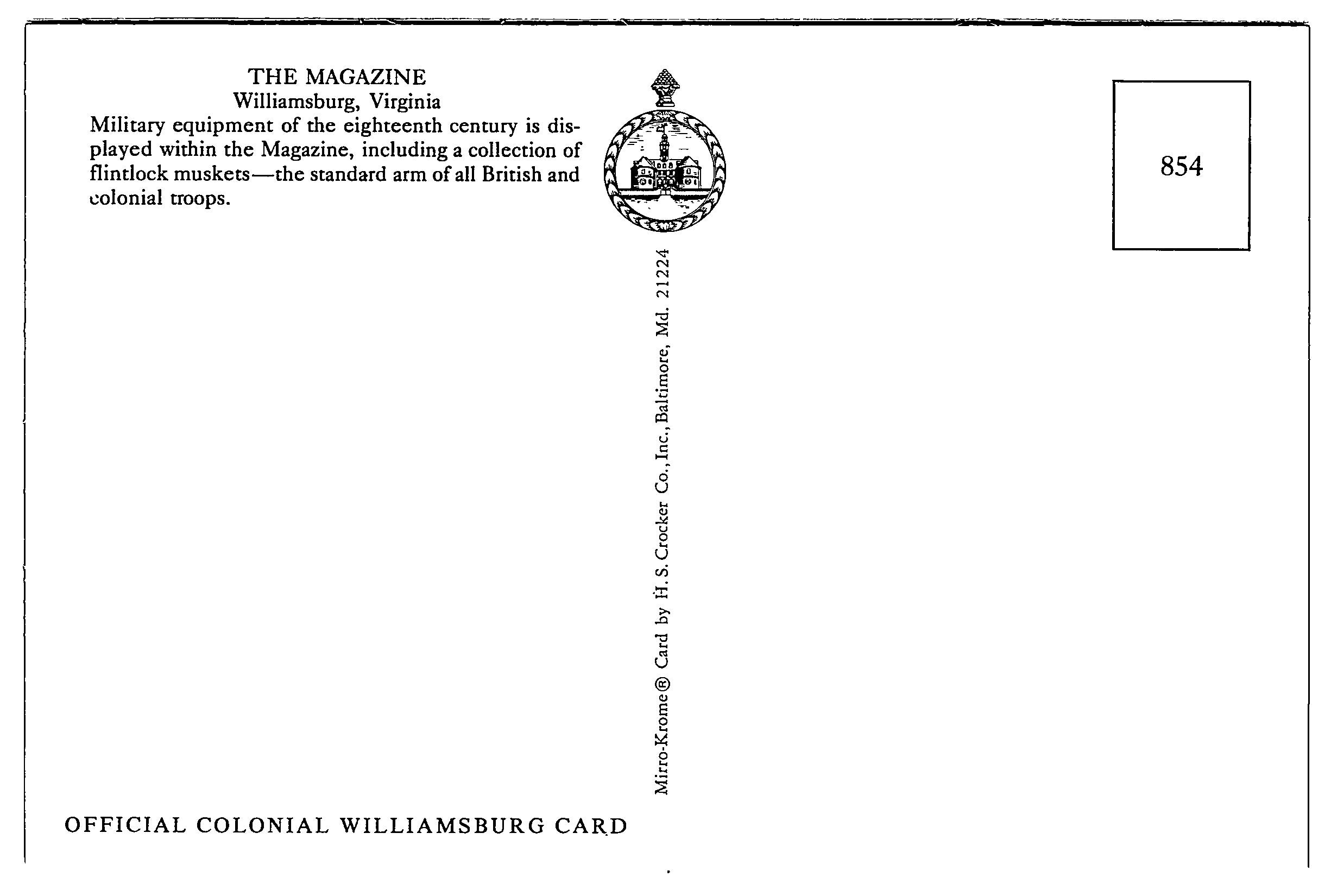 The Magazine, Williamsburg, Virginia, Vintage Post Card