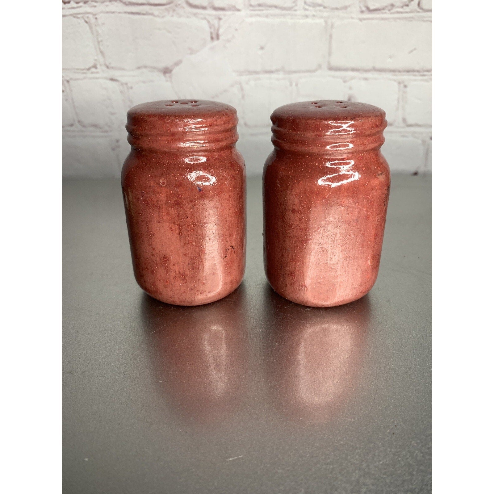 Vintage Mason Jar Ceramic Speckled Coated Salt & Pepper Shakers Burgundy