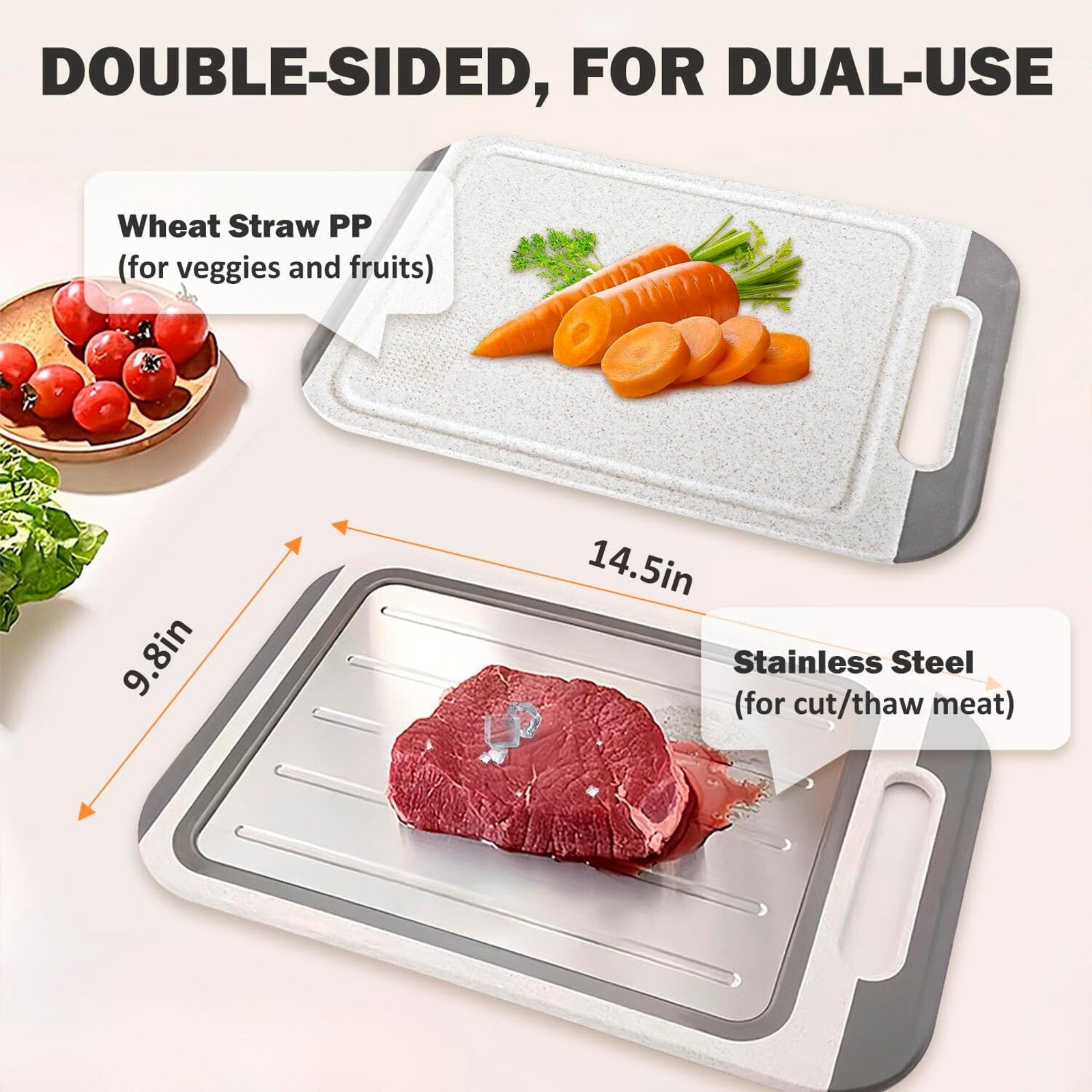 Double Sided Meat Cutting Board, Diversion Groove, Grater, Anti-slip, Easy Clean