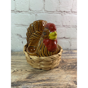 Ceramic Chicken Hen In Basket Salt Pepper Shaker Napkin Holder Brown Giftco