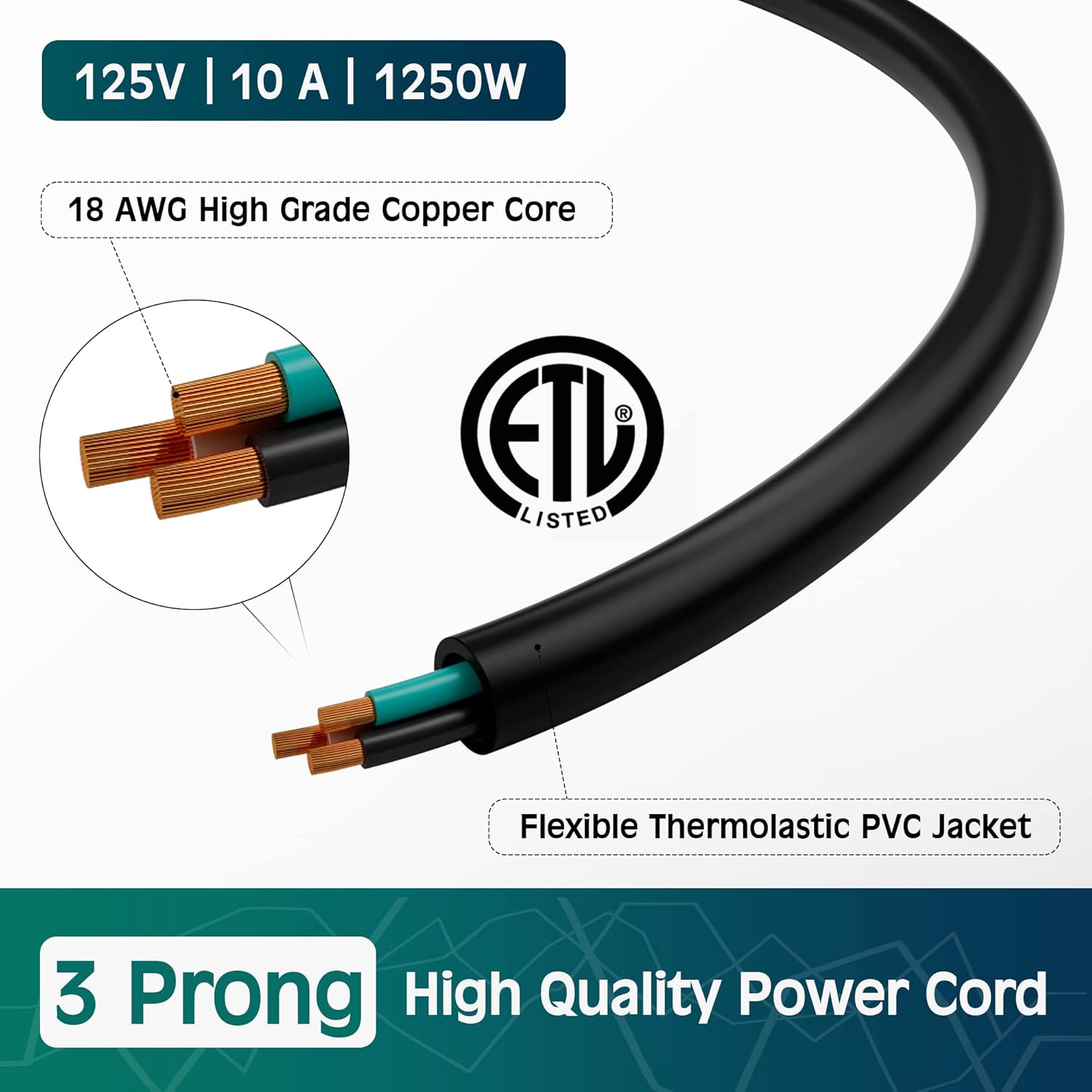 3-Prong Straight to 90 Degree Angled Plug Replacement Power Cord 15 Ft, Heatproof Flexible Durab