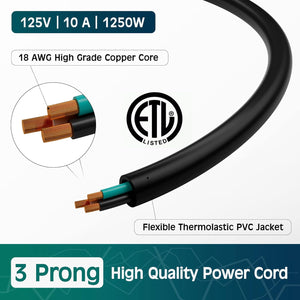 3-Prong Straight to 90 Degree Angled Plug Replacement Power Cord 15 Ft, Heatproof Flexible Durab