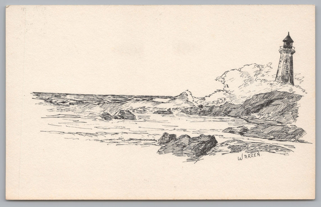 Signed Warren Drawing, Lighthouse of Coast, Nova Scotia, Vintage PC