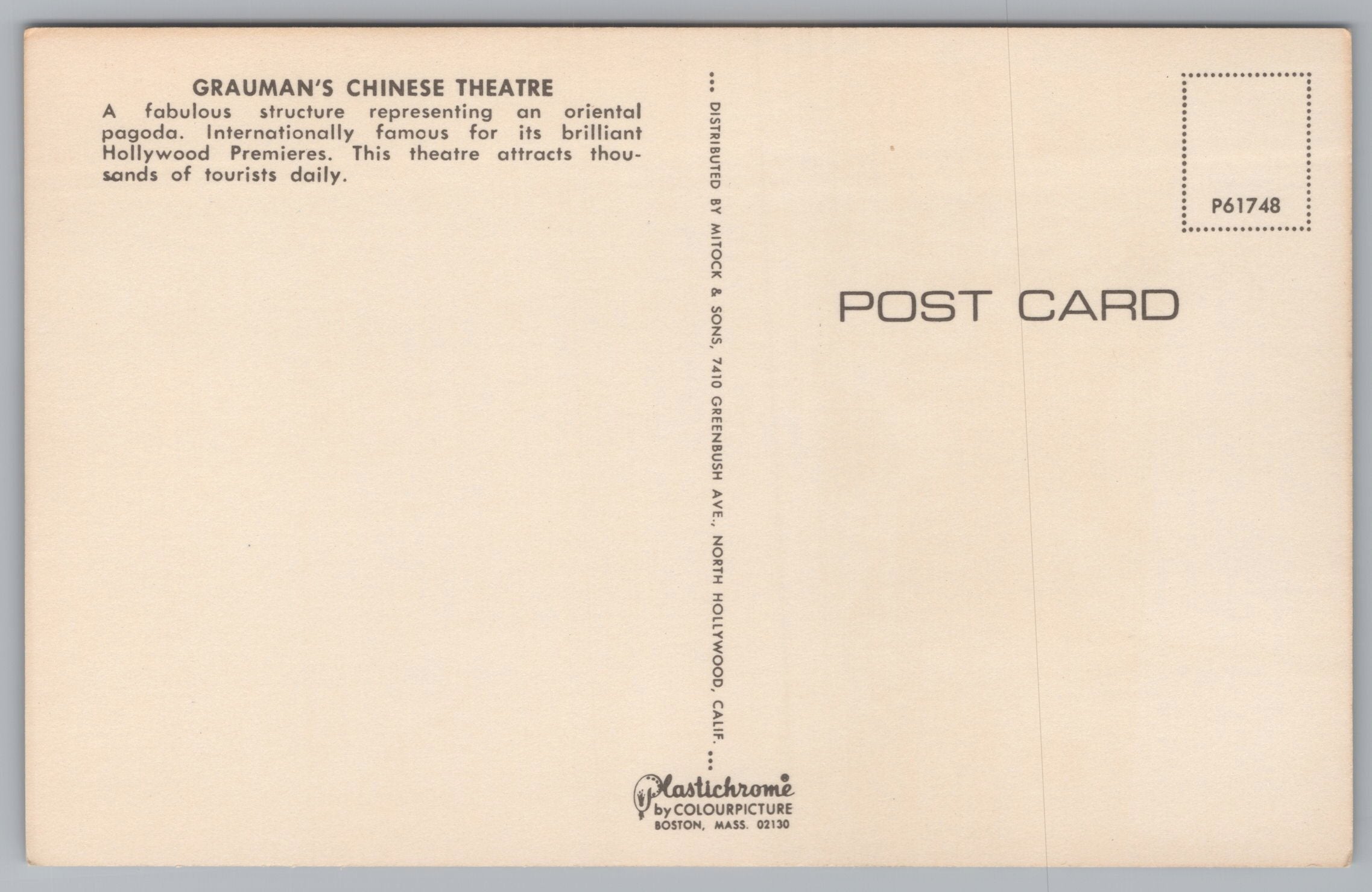 Graumans Chinese Theatre, Hollywood, California, USA, Vintage Post Card.
