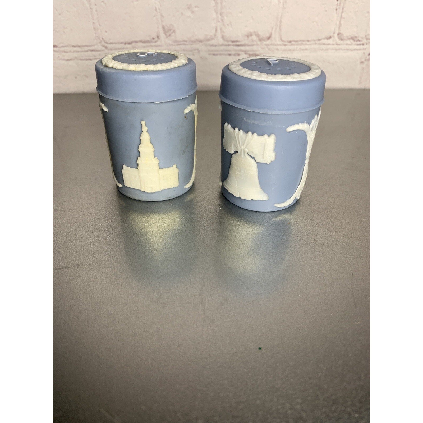 Vintage Salt & Pepper Shakers Hong Kong Blue w/White Colonial Scenes