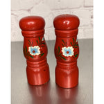 Vintage Round Wood Salt & Pepper Shakers Red w/Handpainted Floral Design