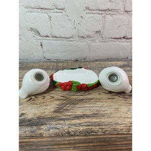 Vintage White Doves In Holly Berry Tray Salt & Pepper Shakers, Russ Berrie Co