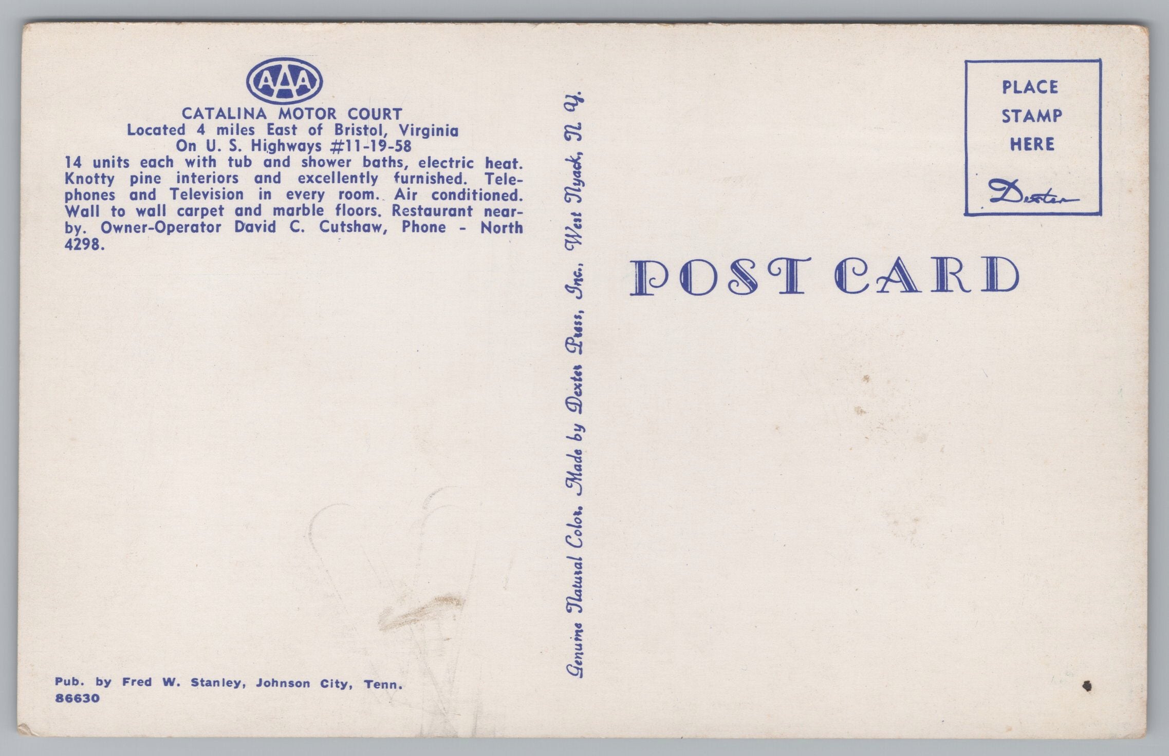 Catalina Motor Court, Bristol, Virginia, Vintage Post Card.