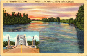 Santiam Bridge, Sunset The Santiam, Pacific Highway, Oregon Vtg PC