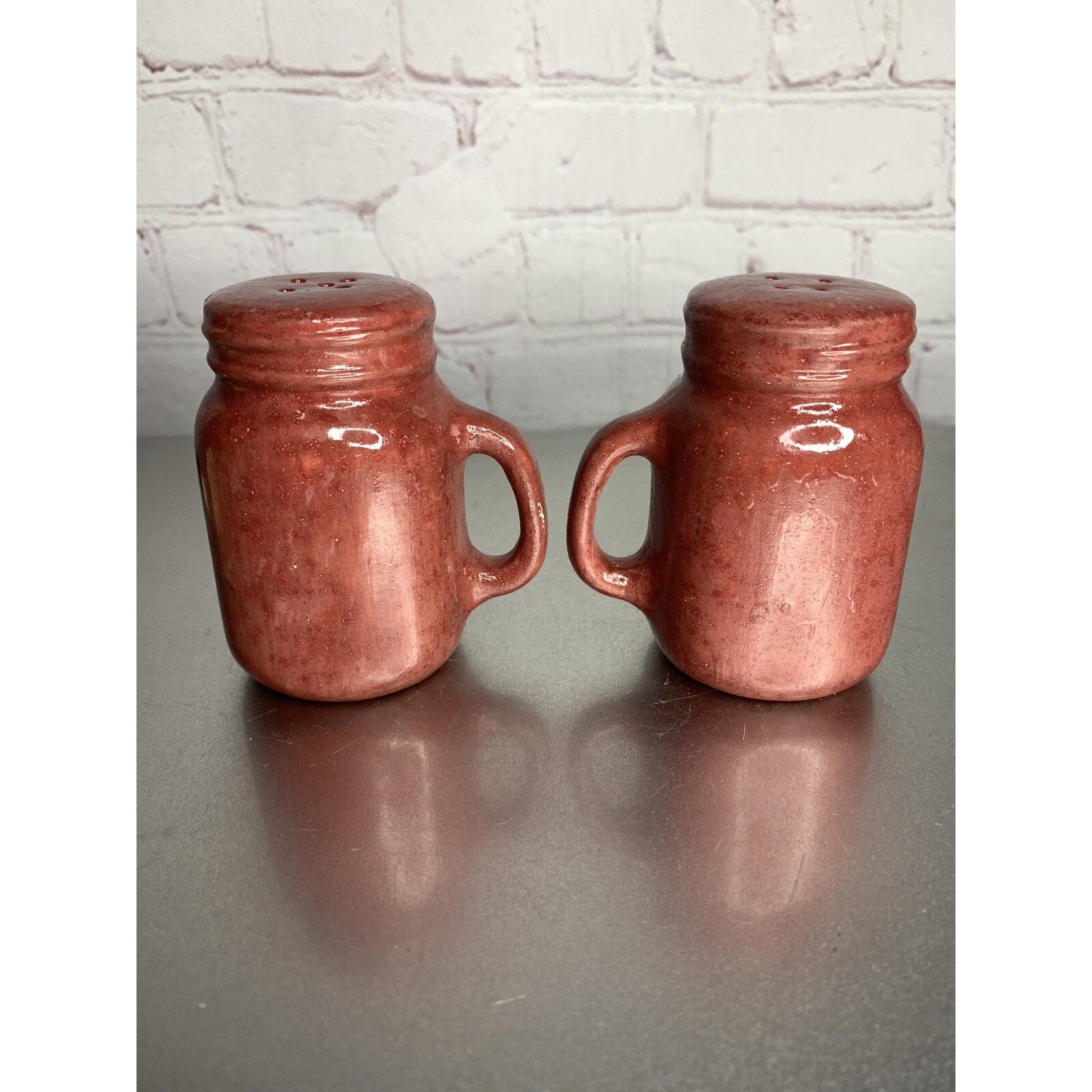 Vintage Mason Jar Ceramic Speckled Coated Salt & Pepper Shakers Burgundy