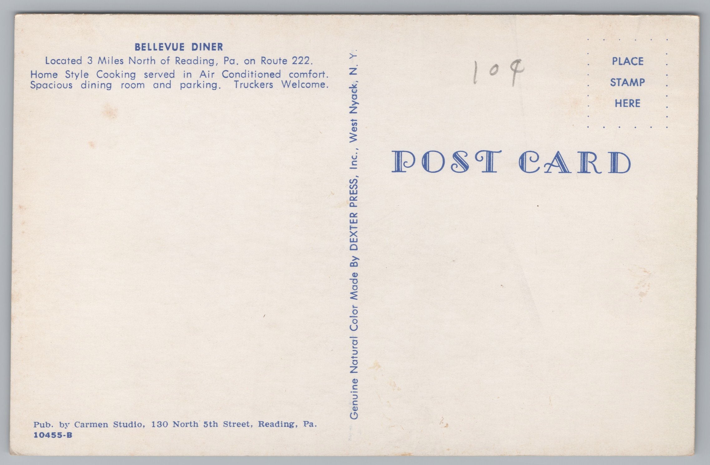 The Bellevue Diner, Reading, Pennsylvania, Vintage Post Card.