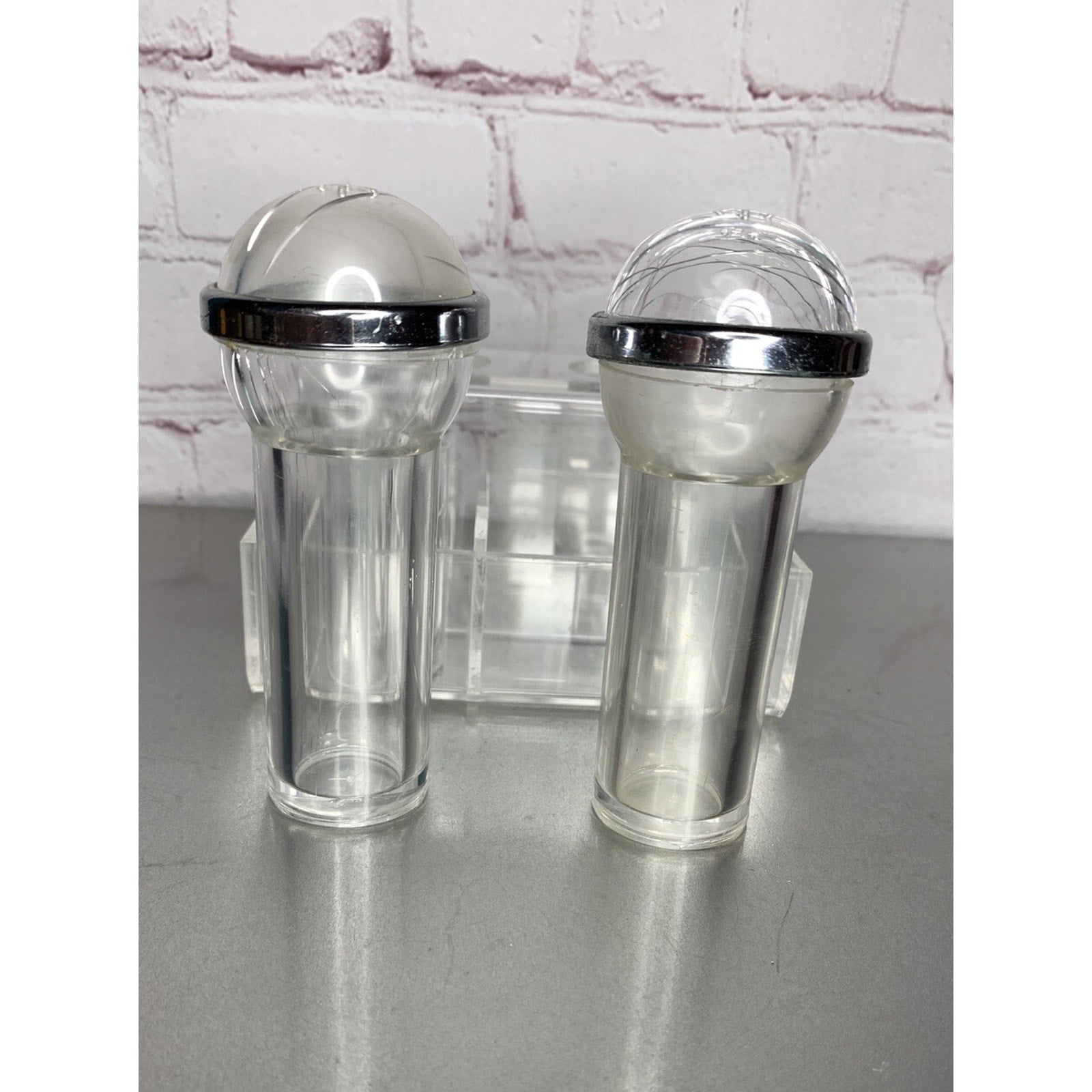 Vintage Retro Clear Lucite Acrylic Salt & Pepper w/Caddy MCM Deco