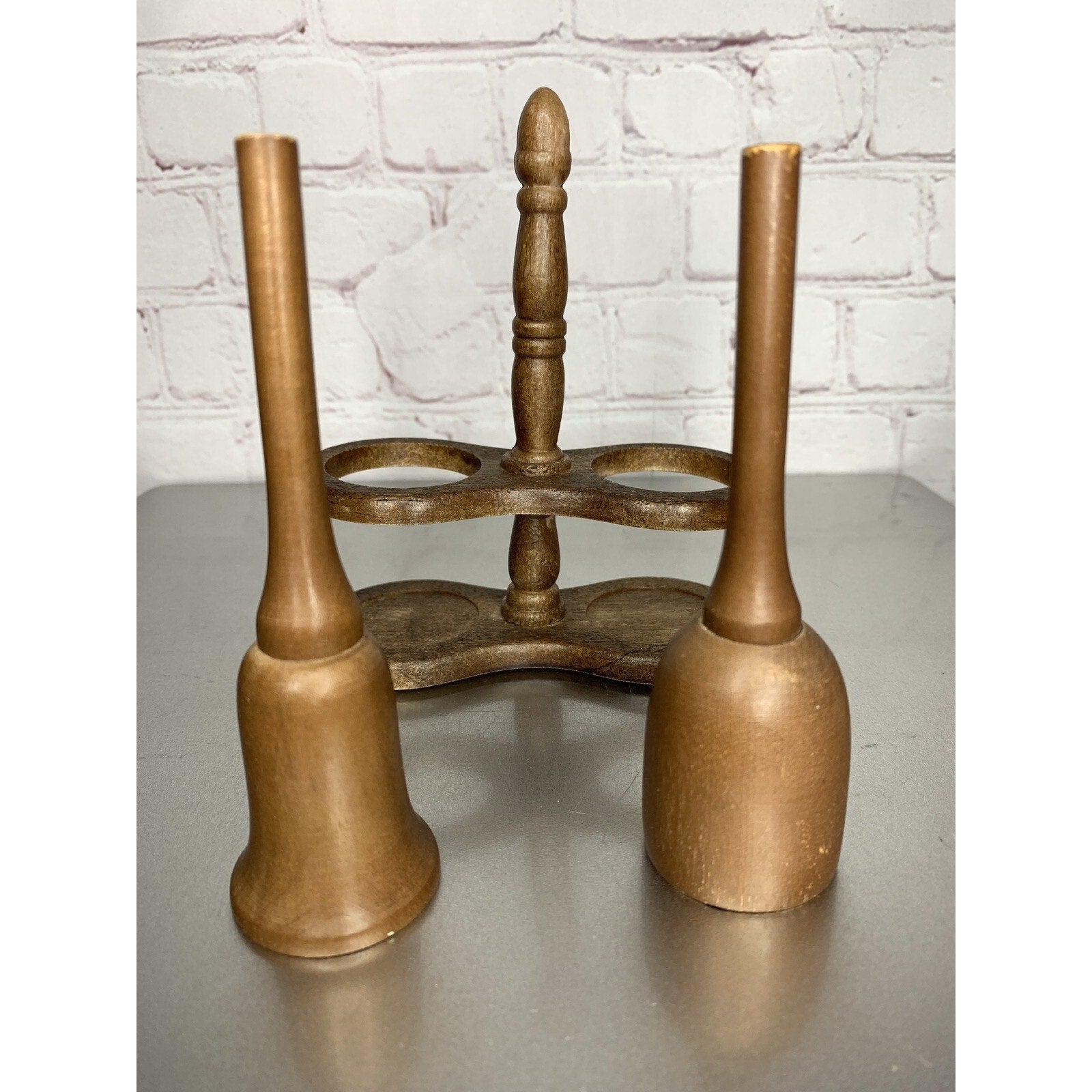 Vintage Wood Bells Salt & Pepper Shakers w/Stand