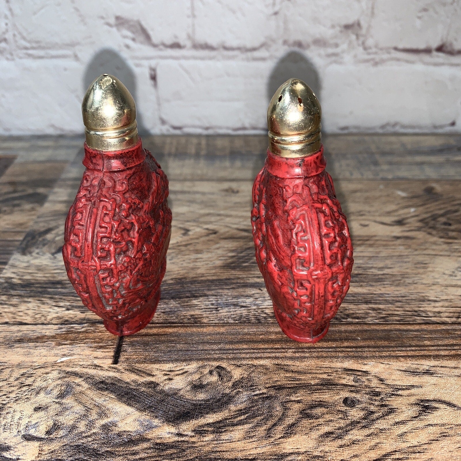 Vtg RED Chinese Asian Embossed Plastic Salt & Pepper Shakers Hong Kong