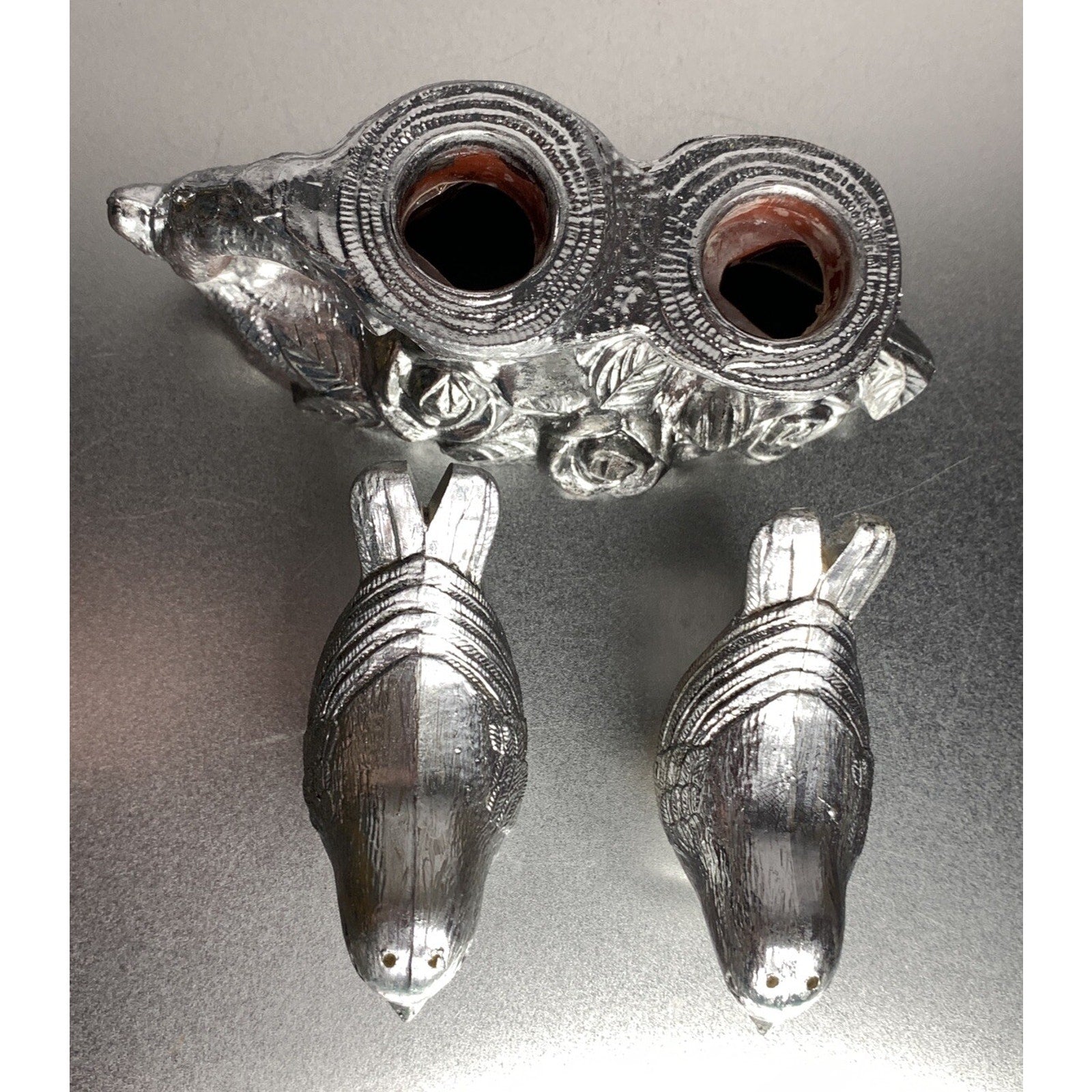 Vintage Silver Plastic Bird Salt & Pepper Shakers Tree Branch Caddy