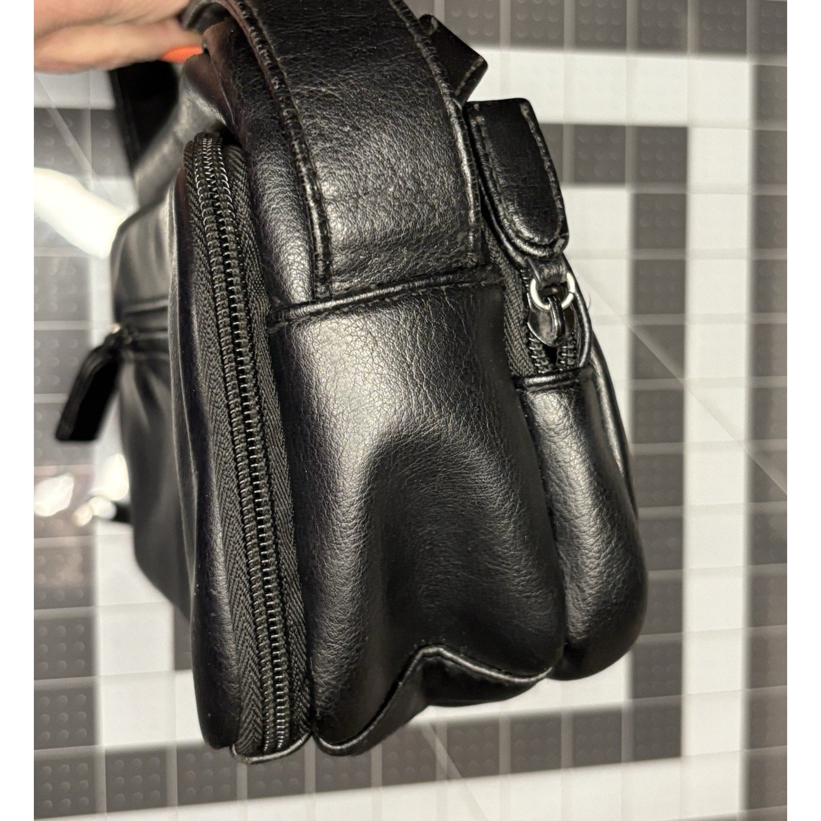 Black Faux Leather Multi Pocket Shoulder Strap Hangbag Purse