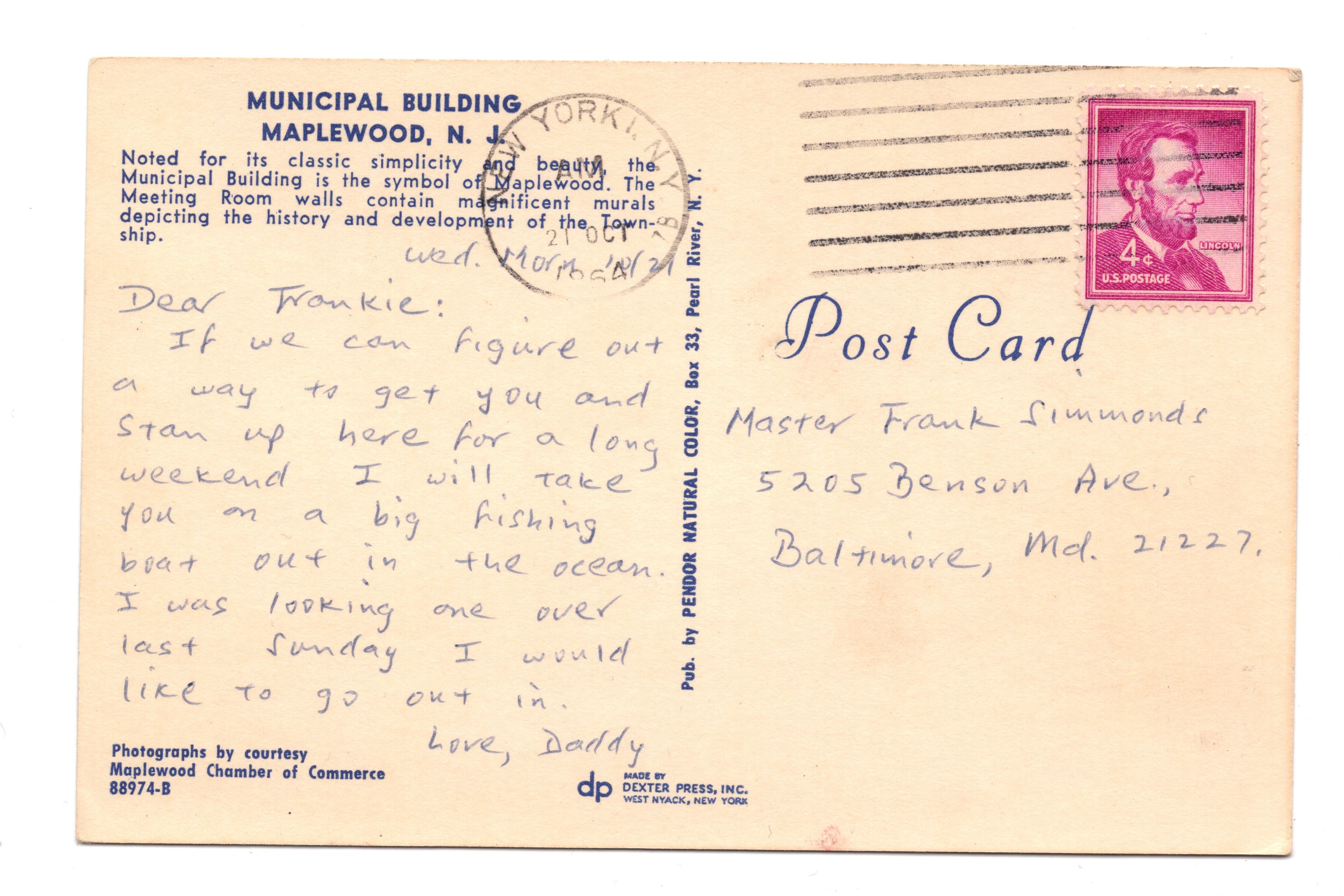 Municipal Building, Maplewood New Jersey, Vintage Post Card.