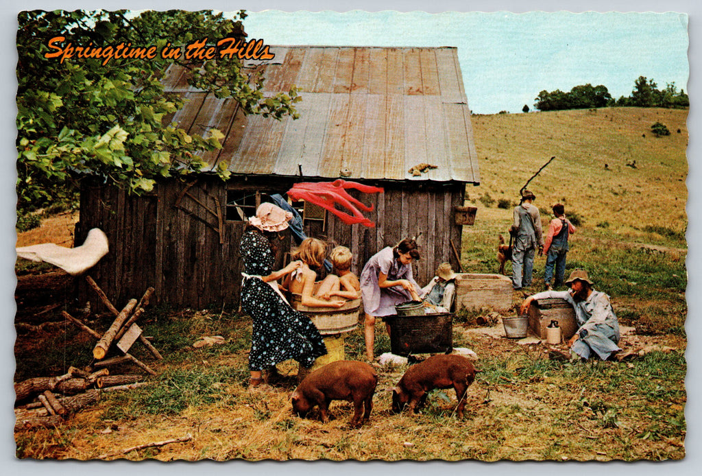 People gathering, Springtime In The Hills, USA, Vintage Post Card