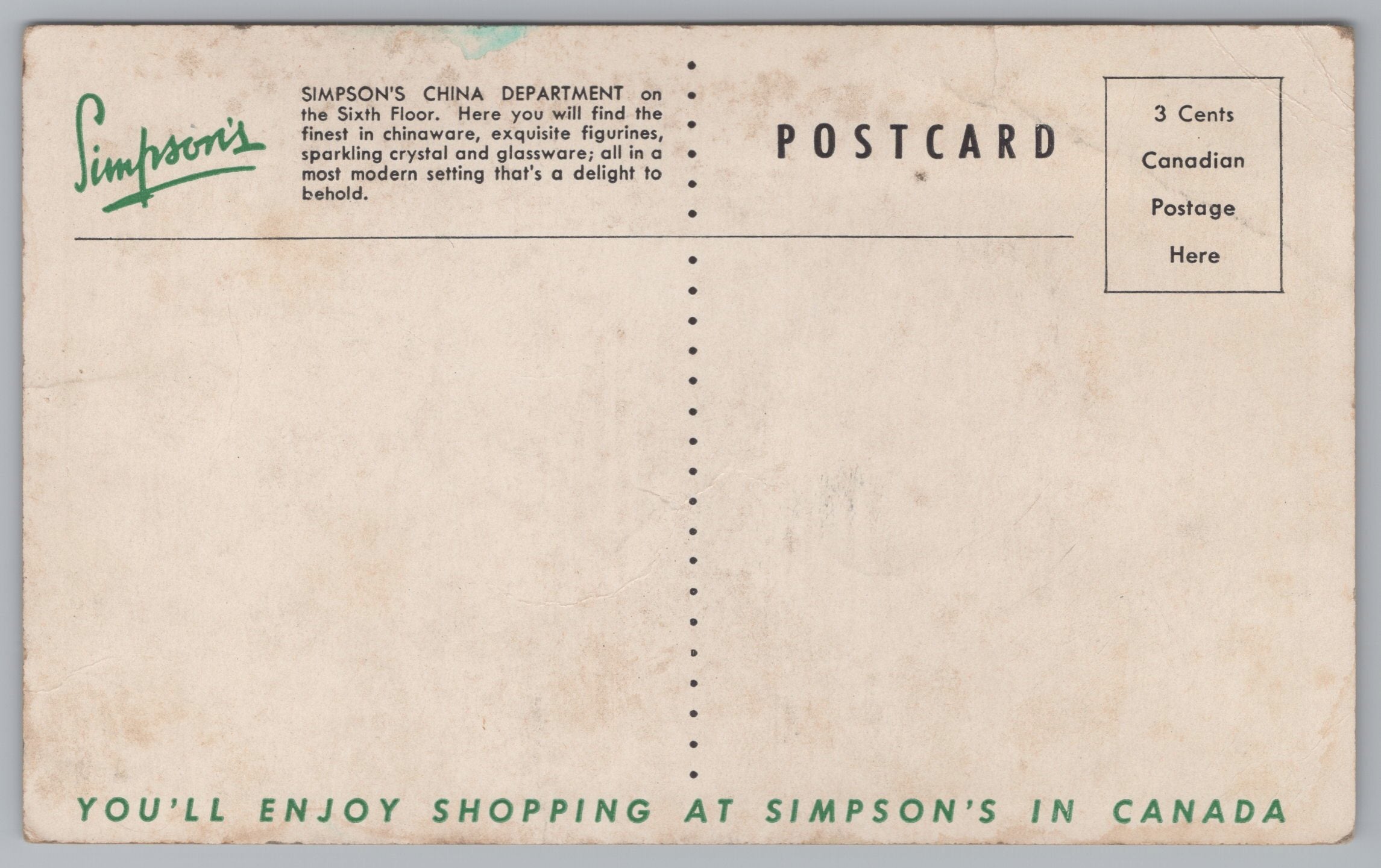 Simpsons China Department, Sixth Floor, Vintage Post Card.