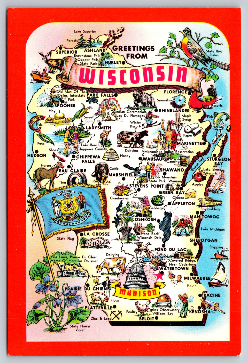 Wisconsin Greeting Card, The Badger State, Vintage Post Card