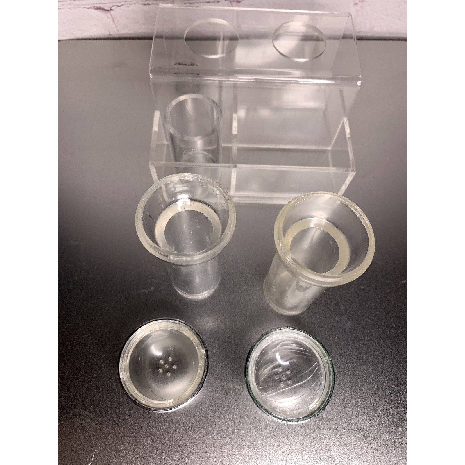 Vintage Retro Clear Lucite Acrylic Salt & Pepper w/Caddy MCM Deco