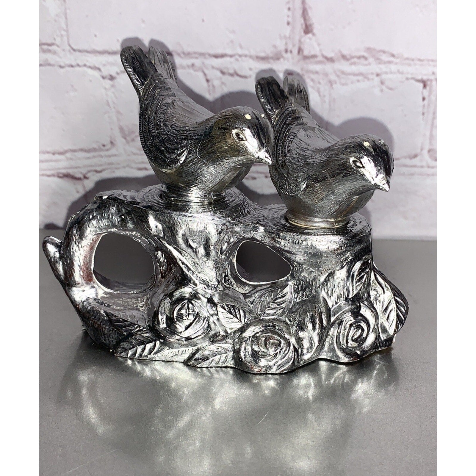 Vintage Silver Plastic Bird Salt & Pepper Shakers Tree Branch Caddy