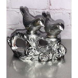 Vintage Silver Plastic Bird Salt & Pepper Shakers Tree Branch Caddy