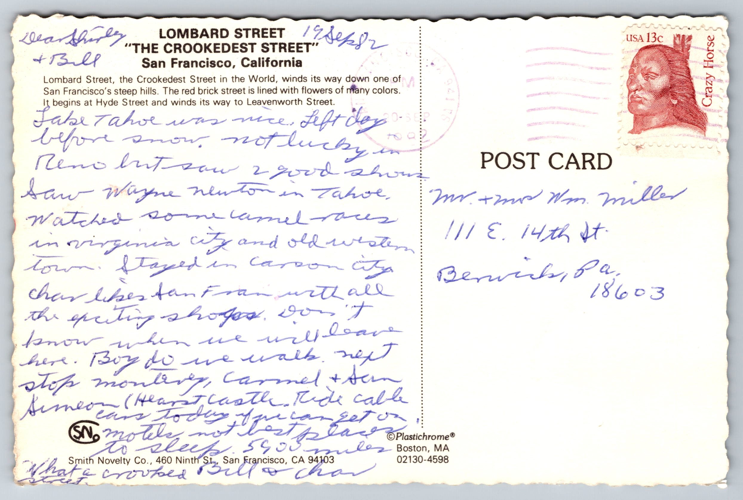 Lombard Street, San Fransisco, California, Vintage Post Card