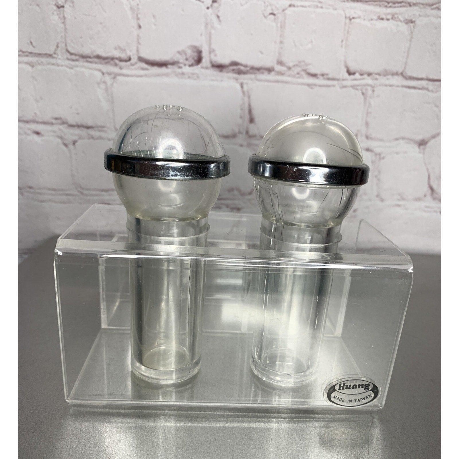 Vintage Retro Clear Lucite Acrylic Salt & Pepper w/Caddy MCM Deco