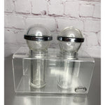 Vintage Retro Clear Lucite Acrylic Salt & Pepper w/Caddy MCM Deco